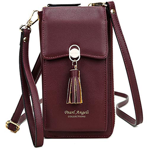 Pearl Angeli RFID Bloqueo Mujer Tarjetas de crédito Monedero Monedero Teléfono móvil Bolso Bandolera para Mujer Piel sintética (Vino Tinto)