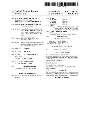 Platinum compounds having a heterocycle ligand, nanoparticles, and uses thereof: United States Patent 9771387 (English Edition)