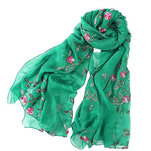 Pluto & Fox Fular De Mujer Bordado Con Flores Bufanda De Seda Diseño Retro Elegante Pañuelo cuello Estola (Verde 1, 75cm*175cm)