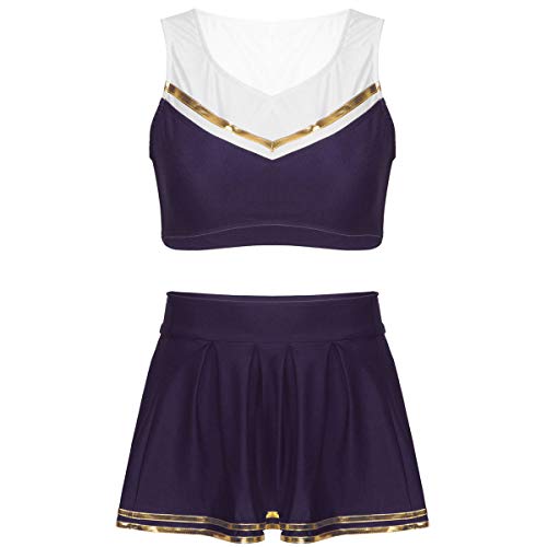 ranrann Disfraz de Animadora para Mujer Conjunto Traje de Porrista Chica Crop Top con Falda Plisada Traje Actuación Musical Halloween Fiesta Cosplay Morado Small