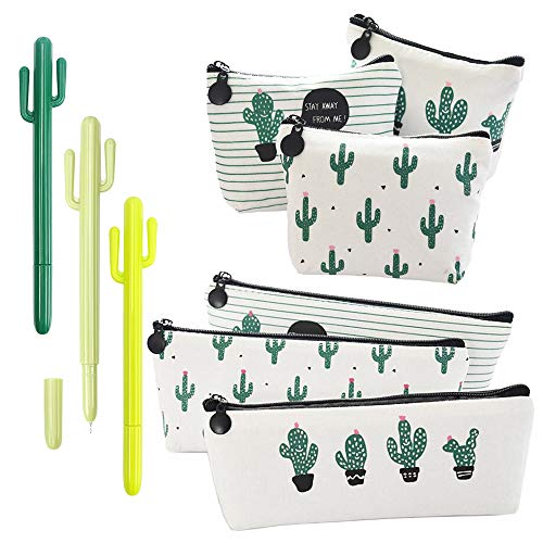 RETON 9 Paquetes de Artículos de Papelería para Cactus - 3 x Bolsa de Lápiz con Estuche para Bolígrafos de Lona, 3 x Monedero de Lona, Pluma de Gel de 3 x 0,5 mm para Escuela y Oficina