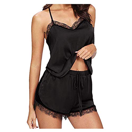 Ropa Erótica para Mujer Lencería Sexy Ropa De Dormir para Mujer Correa Sin Mangas Ropa De Dormir Encaje Ajuste Satén Cami Top Conjuntos Ropa Interior Set-1_L