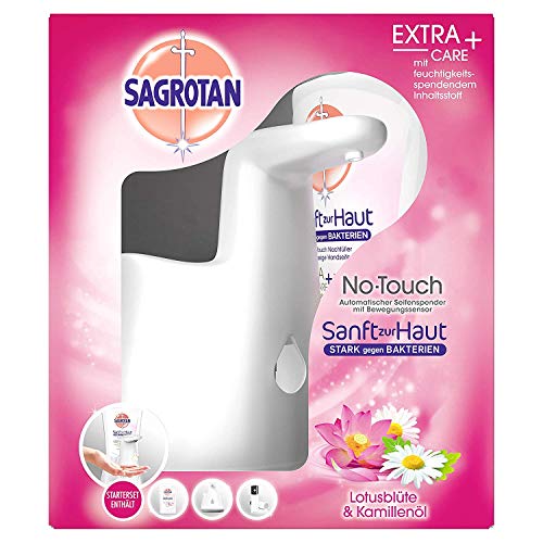 Sagrotan No-Touch - Dispensador de jabón automático Blanco – Incluye Recambio de Flor de Loto y Aceite de manzanilla – 1 x 250 ml de jabón líquido