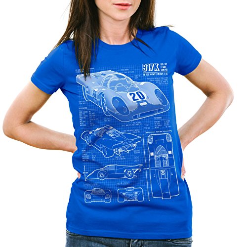 style3 917K Cianotipo Camiseta para Mujer T-Shirt Le Mans Fotocalco Azul, Color:Azul, Talla:2XL
