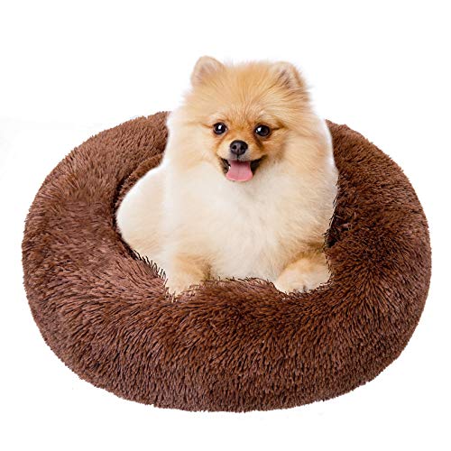 TAMOWA Cama Perro Suave Cama Gato Redonda, Camas de Gatos Perros de Donut con Parte Inferior Antideslizante, Cómodo Suave y Cálida Cama para Mascotas Gatos y Perros Pequeños, 60cm, Marrón