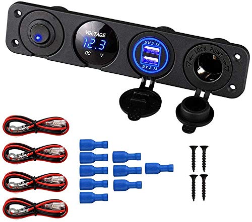 Thlevel Panel de Enchufes 4 en 1, con Doble Cargador USB y Voltímetro de LED y Encendedor de Cigarrillos y LED Azul Interruptor para Coche, Marina, Barco, Camión