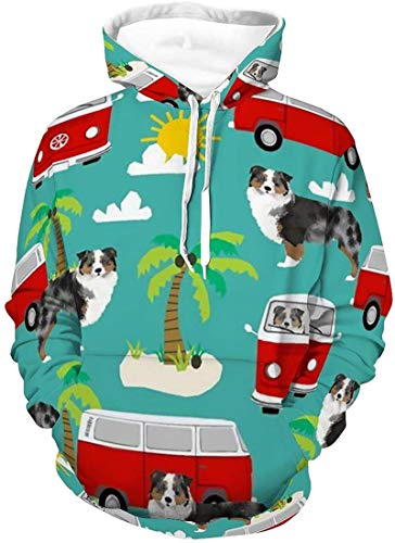 Unisex Mujeres Hombres Sudaderas con Capucha Manga Larga Cómodas Camisetas con Capucha Traje de otoño Ligero y Acogedor para la Fiesta atlética-Australian Shepherd Beach Mini Bus-Small