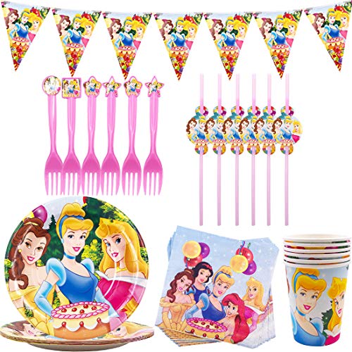 Vajilla de Cumpleaños - YUESEN Kit de Artículos para Fiesta Cumpleaños Infantil Vajilla de Fiesta TemÁTica de Disney Plato Taza Servilleta Tenedor Banderín- 6 Invitados