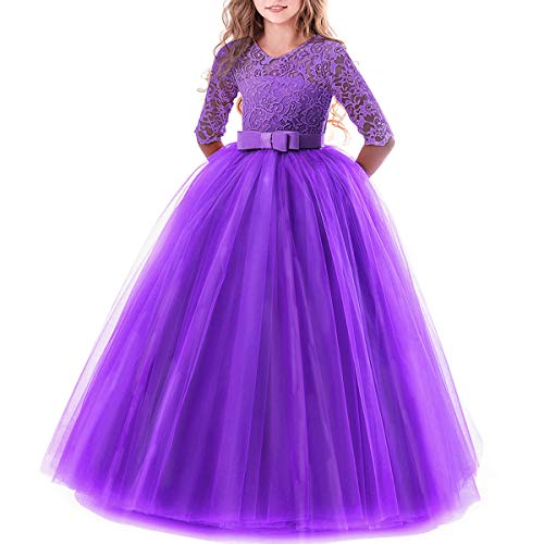 Vestido de niña de Flores para la Boda Princesa Largo Manga Vestidos de Dama De Honor Fiesta Tul Comunión Cumpleaños Bola Pageant Paseo Baile Maxi Cóctel Fotografía Vestir Morado Oscuro 9-10 Años