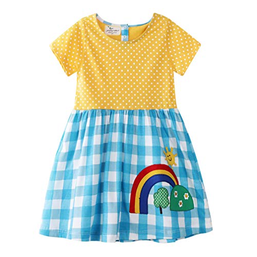 Vestido para niña de algodón, manga corta/larga, informal, estampado informal, 1-7 años Rejilla azul. 4-5 Años