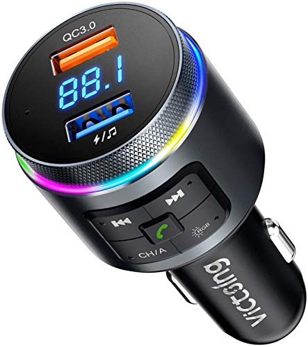 VicTsing Transmisor FM Bluetooth 5.0 para Coche [Detecta Frecuencia Libre de Forma Automática] Dual Micrófono Manos Libres Reproductor MP3 QC3.0 Adaptador,Siri Google Asistente/Luz LED Anillo