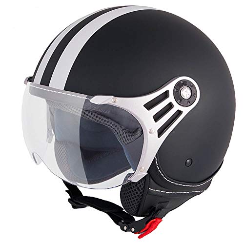 vinz Moto Casco, Casco Jet Casco Jet Fashion Casco Negro Mate con rayas blancas en (Tallas XS – XL | Casco con visera | ECE Certificado