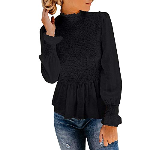 VJGOAL Mujer Moda Casual de otoño e Invierno Color sólido Manga Larga Retro Elegante Cuello Alto con Volantes Dulces Camiseta Acanalada Blusa de Manga Flare (x-Large, Negro)