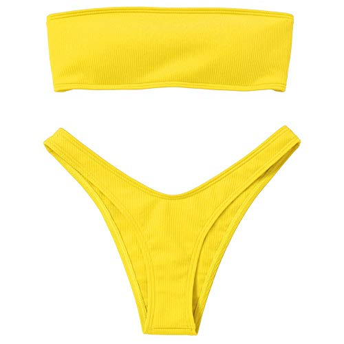 Voqeen Mujeres Sexy Bandeau Traje de baño Cuello Alto sin Tirantes Acanalado Cojín extraíble Conjunto de Bikini de Cintura Baja (Amarillo, XL)