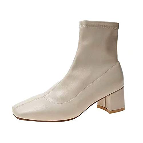 WggWy Botas Nude De Cuero De Tacón Bajo para Mujer, Color Sólido Cremallera Lateral Cabeza Cuadrada Botas Cortas Clásicas Al Aire Libre Casual Enviar Esposa,Blanco,35