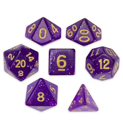 Wiz Dice Midnight Nebula - Juego de 7 dados poliedros, color morado translúcido, azul y plateado con purpurina y caja de exhibición transparente