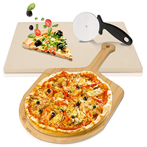 wolketon Piedra para Pizza 1,5cm para Horno y Parrilla Grill, incluye Pala para Pizza de Madera de Bambú, ladrillo para Pan Resistente al Calor 38 x 30 x 1,5cm