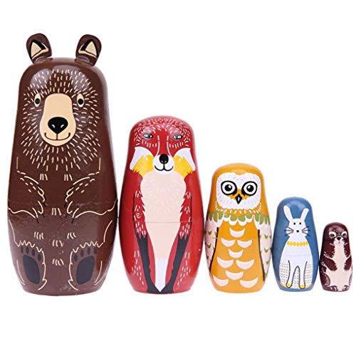 Yihaifu 5pcs / Set Animal Linda de la jerarquización de apilado de Madera de Madera muñecas Rusas Muñecas Matryoshka Dibujos Animados de Animales de Origen Ruso Arte de Madera muñecas