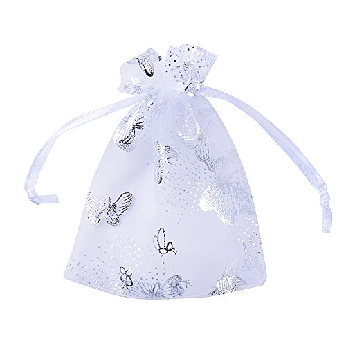 100pcs Bolsas Bolsitas Organza Blancas Mariposas 9x12 cm Saquitos Arroz Regalo Joyas Caramelo Dulces Recuerdo Favores Detalles para Boda Fiesta Navidad Bautizo con Cintas