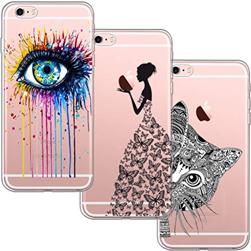 [3 Pack] Funda para iPhone 6, Funda iPhone 6S, Funda de Silicona Suave Blossom01 Ultra Suave Funda de Silicona para TPU con Dibujo Animado para iPhone 6 / 6S - Ojo Niña Gato