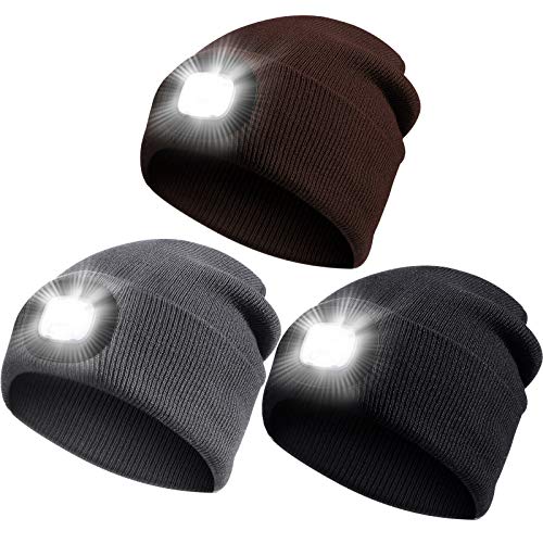 3 Piezas Sombreros con Linterna LED con Luz Gorro de Punto Cálido con Luz LED para Reparación y Trabajo en Lugares Oscuros, Deportes al Aire Libre, Pesca, Camping