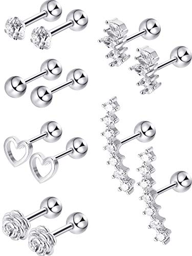 6 Pares de Pendientes de Cartílago Trago de Acero Inoxidable Piercing de Perno de Cuerpo Nariz Labio Labret de Barra con Pesas para Adornos de Hombres Mujeres (Plateado)