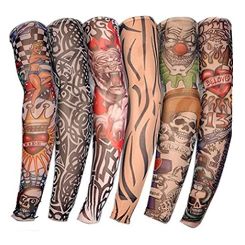 6 piezas de tatuaje falso juego de mangas para Mode hombres y mujeres brazo completo tatuaje calavera flor nilón tatuaje vestido de lujo fiesta múltiples estilos protector solar brazalete negro arte