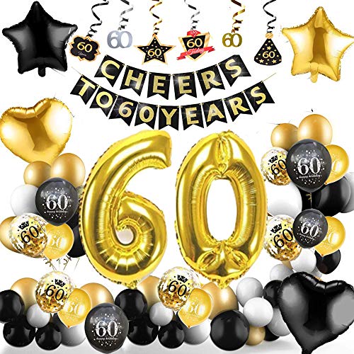 60 Cumpleaños Decoracione, Globos Feliz Cumpleaños Negro y Dorado Decoración Fiesta Cumpleaños, Suministros para Hombres y Mujeres Adultos Decoración de Manteles,Confetti,Globos de Látex Impresos