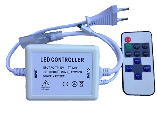 Ahorraluz Controlador Dimmer led 220v 5050 con Mando a Distancia Infrarrojos IR (para Tiras de 14mm Ancho, 10mm Entre Pines), Blanco