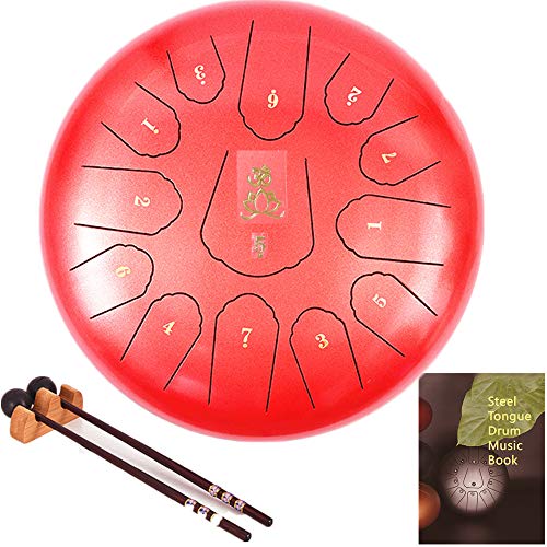 AiLa Tambor de Lengua de Acero, Tonos C 13 Notas 12 Pulgadas Tambor de Mano, Percusión Instrumento Tankdrum con Mazos/Bolsa para Niños o Adultos(Rojo)