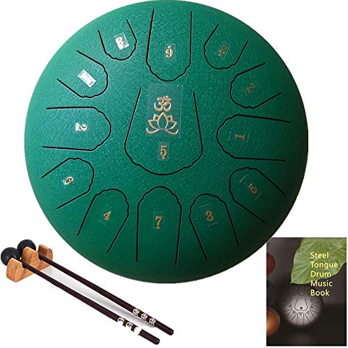 AiLa Tambor de Lengua de Acero, Tonos C 13 Notas 12 Pulgadas Tambor de Mano, Percusión Instrumento Tankdrum con Mazos/Bolsa para Niños o Adultos(Verde)