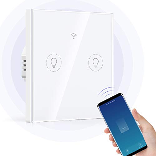 Alexa Interruptor Wifi, Etersky Interruptor luz Inteligente, Interruptor Pared 2 Gang Compatible con Alexa y Google Home, Control Remoto APP, Interruptor Superficie con Temporizador, Neutral Requerido