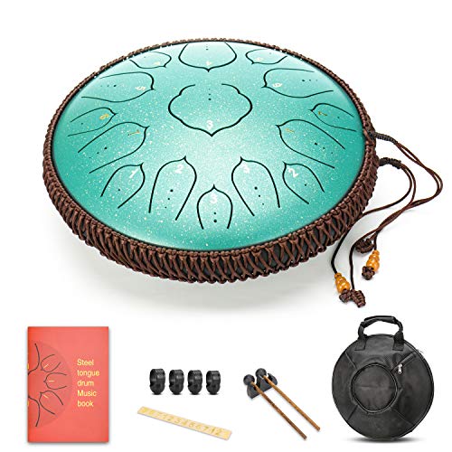 Amkoskr 14 Pulgadas 35cm Tambor de Lengua de Acero con 15 Notas Tonos D Percusión Instrumento Tambor de Mano con Mazos de Tambor/Bolsa de Transporte(Verde)