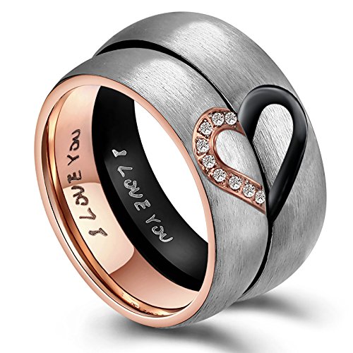 AnazoZ Anillo 1PCS Anillos de Parejas Acero Inixodable Anillo Corazón Grabado I Love You Anillo Oro Rosa Mujer Tamaño 17