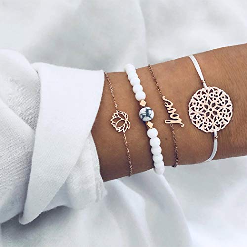 Arimy Boho Pulsera turquesa hecha a mano con letra de amor, cadena de muñeca hueca de loto para mujeres y niñas (4 piezas)