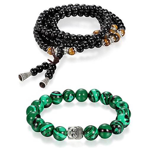 Aroncent Pulsera Budista de Piedra Ojo de Tigre Buena Suerte con Cabeza de Buda Multicapa Brazalete de Buda Ajustable Religioso para Oración Bendición para Hombre/Mujer/Pareja 2PCS