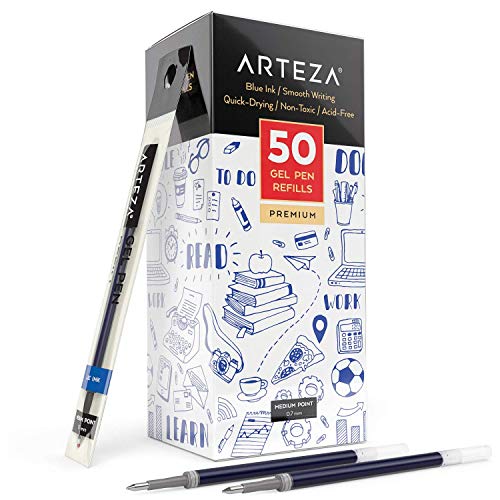 Arteza Recambios de bolígrafo de gel azul | Paquete de 50 recargas de bolígrafo de tinta de gel azul | Secado rápido, sin tóxicos | Punta fina para escribir, tomar notas y dibujar