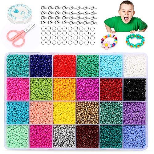 ASANMU Mini Cuentas de Cristal, Abalorios de Vidrio de Color de 3 mm 24 Colores de Abalorios para Hacer Pulseras para los niños Abalorios Cristal para DIY Pulseras Collares Bisutería - 14400 Piezas