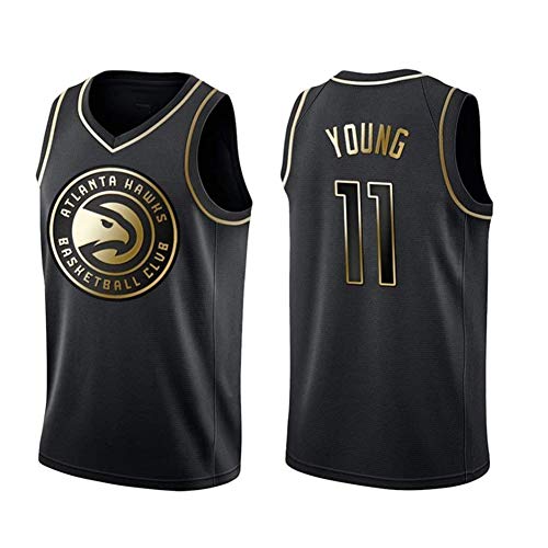 Atlanta Hawks #11 Trae Young Mesh Basketball Jersey, Unisex Sin Mangas Bordado Chaleco Top para Deportes y Ropa Casual, Oro negro., small