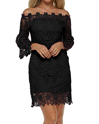 Auxo Mujer Vestido Corto Elegante Vestidos Encaje Florales Retro con Manga Larga Cuello Halter de Fiesta Cóctel Otoño Invierno 01-Negro S