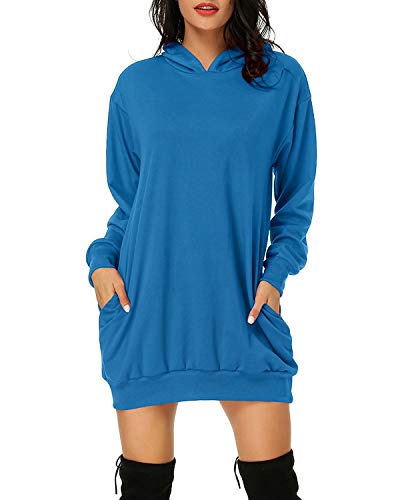 Auxo Sudadera con Capucha Mujer Pullover Hoodie Color Sólido Jersey Larga Bolsillos Casual Sudadera Vestido Tops Largos 01-Azul Clásico S
