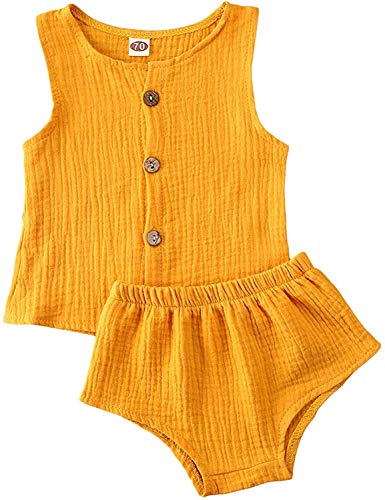 Bebé Recién Nacido 2 Piezas Traje de Ropa Verano Camiseta sin Manga con Cuello Redondo y Botones Pantalones Cortos Set Top Camisa Braguita de Color Sólido para Niña Pequeña (Amarillo, 12-18 Meses)