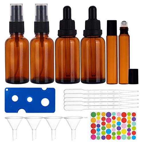 BENECREAT 8 PCS 30ml Botellas de Spray Ámbar 8 PCS 30ml Botellas de Gotero 8 PCS 10ml Botellas de Rodillo Juego de Botellas de Vidrio con Pipetas, Embudos, Pegatinas Abridor para Aceites Esenciales