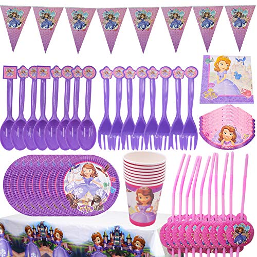 BESLIME Sofia the Party Accessories, Game Party Accessories Set, Including Banners, Plates, Cups, Blowing Dragons, Hats, Tablecloths, Forks and Knives Children Video Game Party Supplies-66 PCS