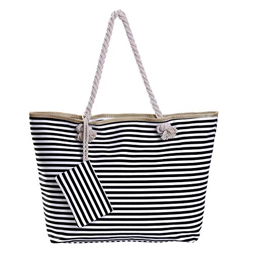 Bolso de Playa Grande con Cremallera Bolso de Hombro a Rayas Negro y Blanco