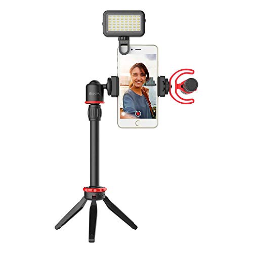 Boya Advanced Vlogging Kit - Micrófono de Video, luz de vídeo LED de Alta Potencia, Mini trípode con Mango de extensión, Montaje en Zapata fría, Parabrisas - Kit de Inicio de Vlogger - Kit Youtuber