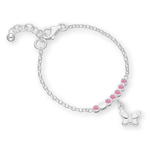 butterfly Pulsera para niña de plata auténtica mariposa rosa, longitud ajustable, bolsa de satén, regalo de bebé