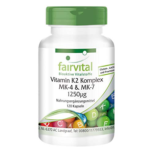 Complejo de Vitamina K2 - Menaquinona MK-4 y MK-7 1250µg - VEGANO - Dosis elevada - Menaquinona MK-7-120 Cápsulas - Calidad Alemana