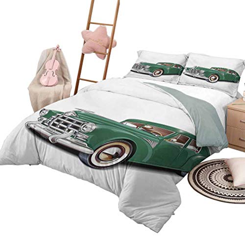 DayDayFun Juegos de Ropa de Cama de 3 Piezas Manly Colchas de 3 Piezas Colcha Antiguo Automotriz Modelo Antiguo Nostalgia Símbolo histórico Ilustración de Coche Retro King Size Verde Bosque Blanco