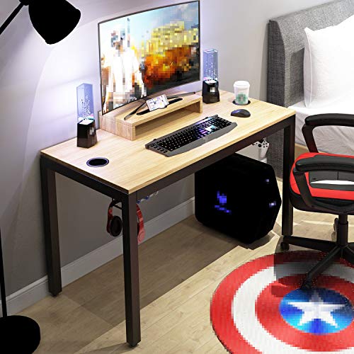 DlandHome Escritorio para computadora de Juegos, Mesa de Juego/estación de Trabajo de 120 * 60 cm con Soporte para Monitor, Teca & Negro